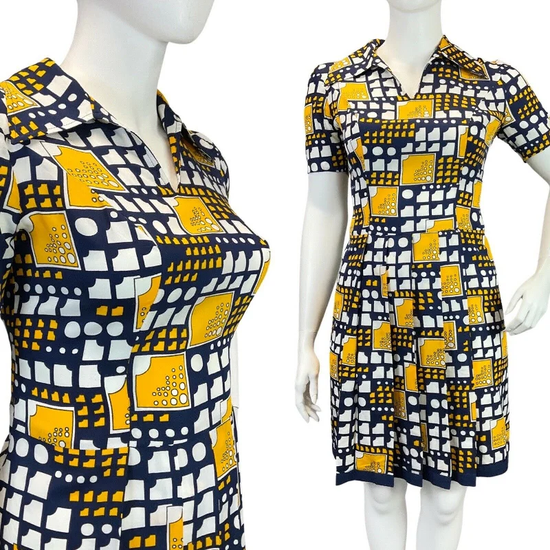 VINTAGE 60s 70s NAVY BLUE WHITE YELLOW GEOMETRIC MOD PLEATED DAGGER DRESS 16