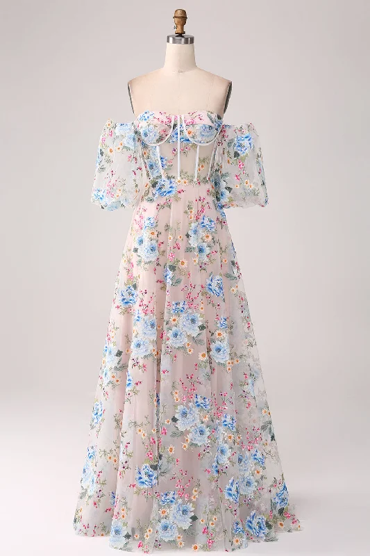 "Sustainable and eco - friendly women's dresses"A-Line Apricot Flower Off the Shoulder Long Corset Prom Dress "Sustainable and eco - friendly women's dresses"A-Line Apricot Flower Off the Shoulder Long Corset Prom Dress