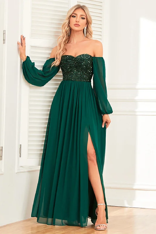 "Bohemian - style women's dresses for music festivals"A-Line Dark Green Sequins Prom Dress with Sleeves "Bohemian - style women's dresses for music festivals"A-Line Dark Green Sequins Prom Dress with Sleeves