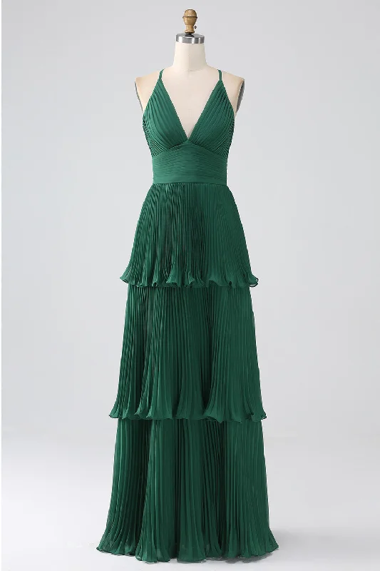 "Beaded dresses for women for a glamorous look"A-Line Dark Green Tiered Chiffon Bridesmaid Dress with Pleated "Beaded dresses for women for a glamorous look"A-Line Dark Green Tiered Chiffon Bridesmaid Dress with Pleated