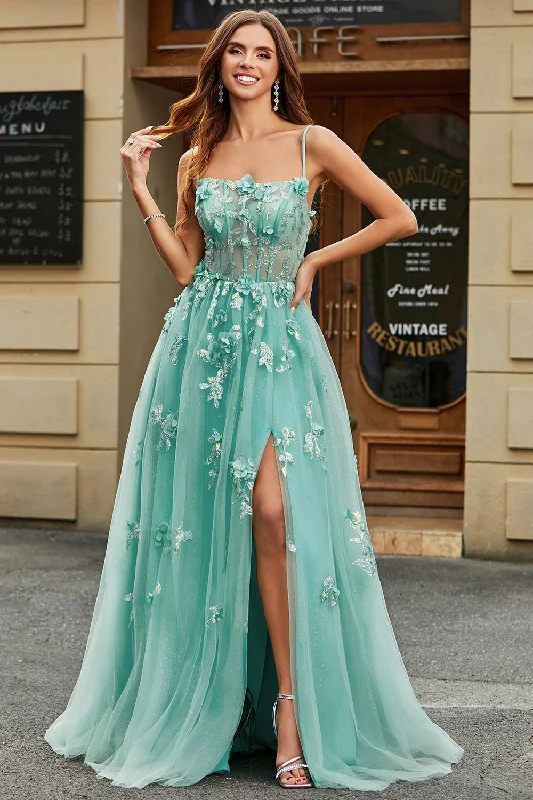 "Graduation dresses for women to celebrate in style"A-Line Green Tulle Corset Prom Dress with Appliques