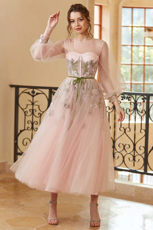 "Plus size wedding dresses for women with a perfect fit"A Line Jewel Light Nude Tea Length Prom Dress with Long Sleeves "Plus size wedding dresses for women with a perfect fit"A Line Jewel Light Nude Tea Length Prom Dress with Long Sleeves