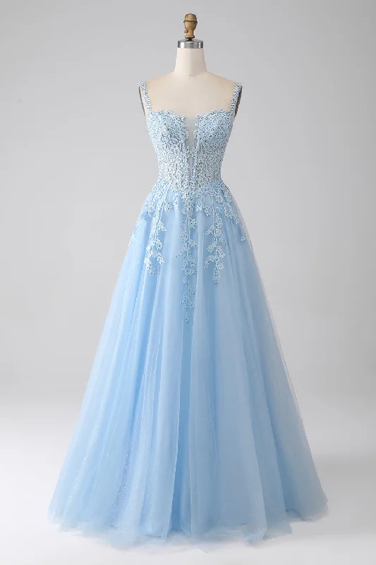 "Satin dresses for women for a luxurious appearance"A-Line Light Blue Corset Prom Dress with Appliques "Satin dresses for women for a luxurious appearance"A-Line Light Blue Corset Prom Dress with Appliques