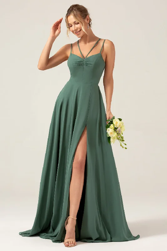 "Bohemian - style women's dresses for music festivals"A-Line Spaghetti Straps Backless Pleated Eucalyptus Bridesmaid Dress "Bohemian - style women's dresses for music festivals"A-Line Spaghetti Straps Backless Pleated Eucalyptus Bridesmaid Dress