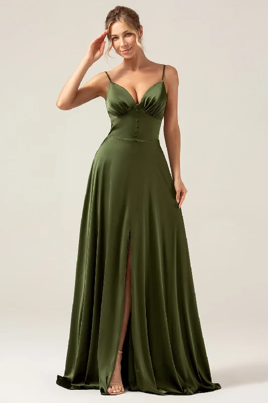 "Beach wedding dresses for women for a laid - back ceremony"A-Line Spaghetti Straps Olive Satin Long Bridesmaid Dress with Slit "Beach wedding dresses for women for a laid - back ceremony"A-Line Spaghetti Straps Olive Satin Long Bridesmaid Dress with Slit