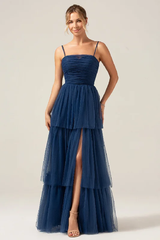 "Exclusive Discount: 30% Off All Women's Dresses for a Limited Period"A Line Spaghetti Straps Tiered Navy Tulle Pleated Prom Dress with Slit "Exclusive Discount: 30% Off All Women's Dresses for a Limited Period"A Line Spaghetti Straps Tiered Navy Tulle Pleated Prom Dress with Slit