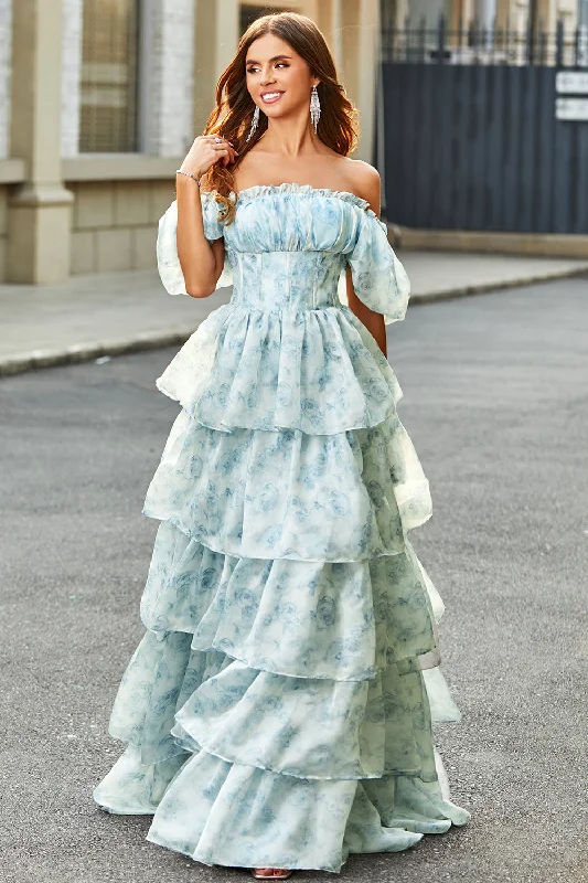 "Black dresses for women for a classic and timeless appearance"A Line Square Neck Light Blue Tiered Floral Long Prom Dress with Ruffles "Black dresses for women for a classic and timeless appearance"A Line Square Neck Light Blue Tiered Floral Long Prom Dress with Ruffles
