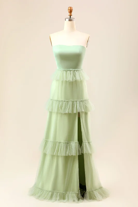"Pleated dresses for women with a graceful movement"A-Line Strapless Matcha Tiered Long Bridesmaid Dress with Ruffles "Pleated dresses for women with a graceful movement"A-Line Strapless Matcha Tiered Long Bridesmaid Dress with Ruffles