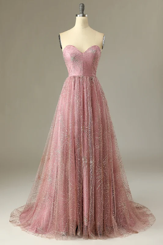 "Long sleeve dresses for women in cold weather"A Line Sweetheart Blush Prom Dress with Criss Cross Back