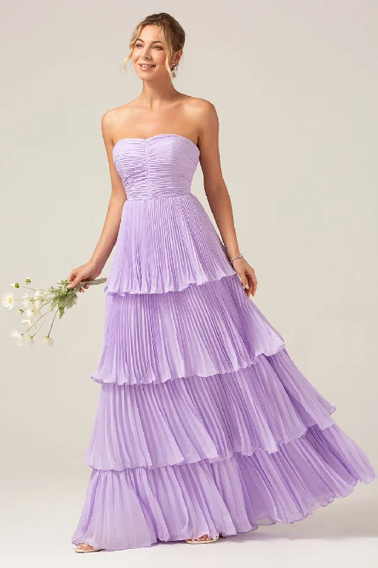 "Sleeveless dresses for women during hot summer days"A-Line Sweetheart Tiered Chiffon Long Lilac Bridesmaid Dress "Sleeveless dresses for women during hot summer days"A-Line Sweetheart Tiered Chiffon Long Lilac Bridesmaid Dress