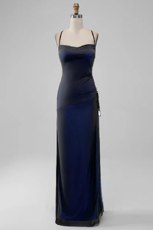 "Seasonal Sale: Save Big on Women's Dresses for Every Occasion"Back Blue Mermaid Spaghetti Straps Long Bridesmaid Dress with Slit