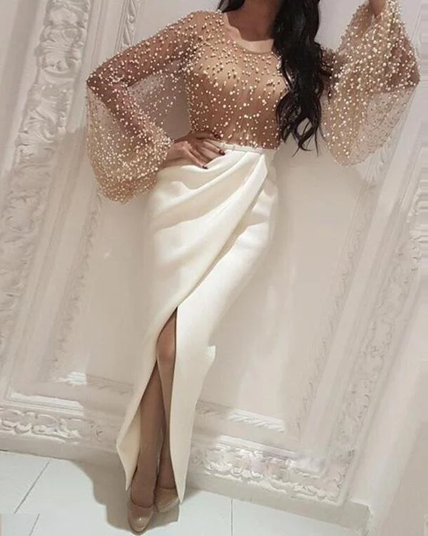 Preppy - Style Pleated Maxi Dresses for School EventsFashionSierra - Beaded Embellished Mesh Patchwork Slit Dress Preppy - Style Pleated Maxi Dresses for School EventsFashionSierra - Beaded Embellished Mesh Patchwork Slit Dress