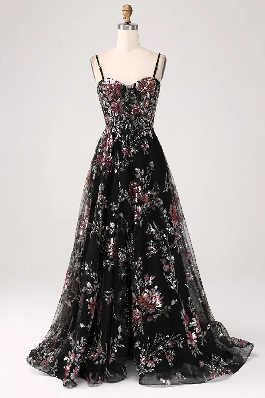 "Vintage - look women's dresses for a retro charm"Black A-Line Flower Sequins Long Corset Prom Dress "Vintage - look women's dresses for a retro charm"Black A-Line Flower Sequins Long Corset Prom Dress