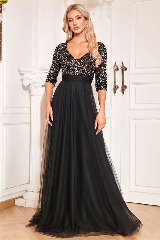 "Petite women's dresses with flattering fits"Black A-Line V Neck Short Sleeves Sequins Prom Dress "Petite women's dresses with flattering fits"Black A-Line V Neck Short Sleeves Sequins Prom Dress