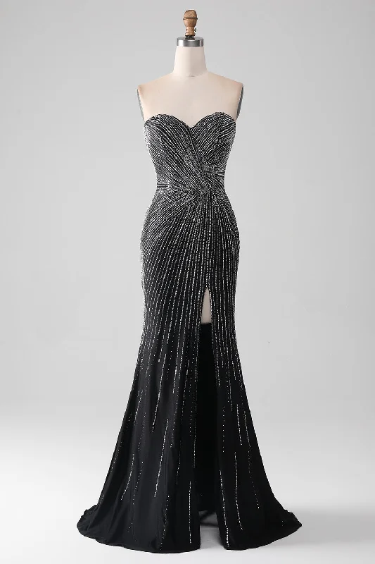 "Sequined dresses for women to shine at parties"Black Glitter Strapless Mermaid Prom Dress with Slit "Sequined dresses for women to shine at parties"Black Glitter Strapless Mermaid Prom Dress with Slit