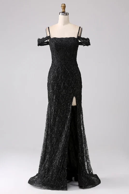"Polka dot dresses for women with a retro vibe"Black Mermaid Cold Shoulder Long Prom Dress with Slit "Polka dot dresses for women with a retro vibe"Black Mermaid Cold Shoulder Long Prom Dress with Slit