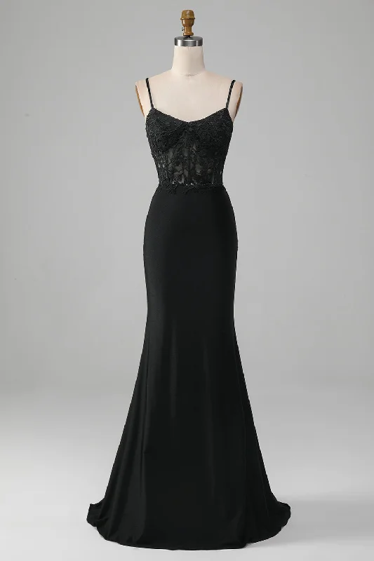 "Wrap dresses for women for an adjustable fit"Black Mermaid Spaghetti Straps Corset Prom Dress With Appliques "Wrap dresses for women for an adjustable fit"Black Mermaid Spaghetti Straps Corset Prom Dress With Appliques
