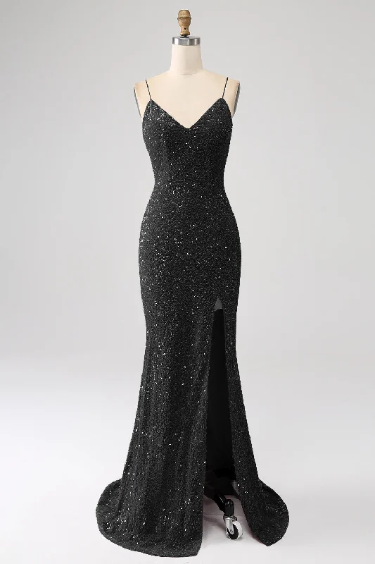 "Mother of the bride dresses for women in elegant styles"Black Mermaid Spaghetti Straps V-Neck Sequin Long Prom Dress With Split "Mother of the bride dresses for women in elegant styles"Black Mermaid Spaghetti Straps V-Neck Sequin Long Prom Dress With Split