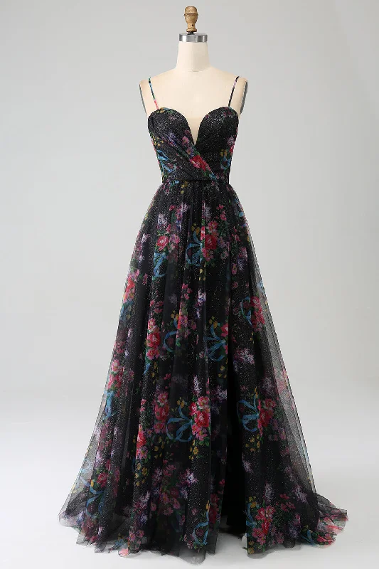 "Black tie dresses for women for formal galas"Black Printed Spaghetti Straps A Line Prom Dress with Slit "Black tie dresses for women for formal galas"Black Printed Spaghetti Straps A Line Prom Dress with Slit