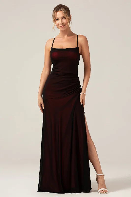 "Floral print dresses for women for a feminine look"Black Red Sheath Spaghetti Straps Bridesmaid Dress With Elasticity "Floral print dresses for women for a feminine look"Black Red Sheath Spaghetti Straps Bridesmaid Dress With Elasticity