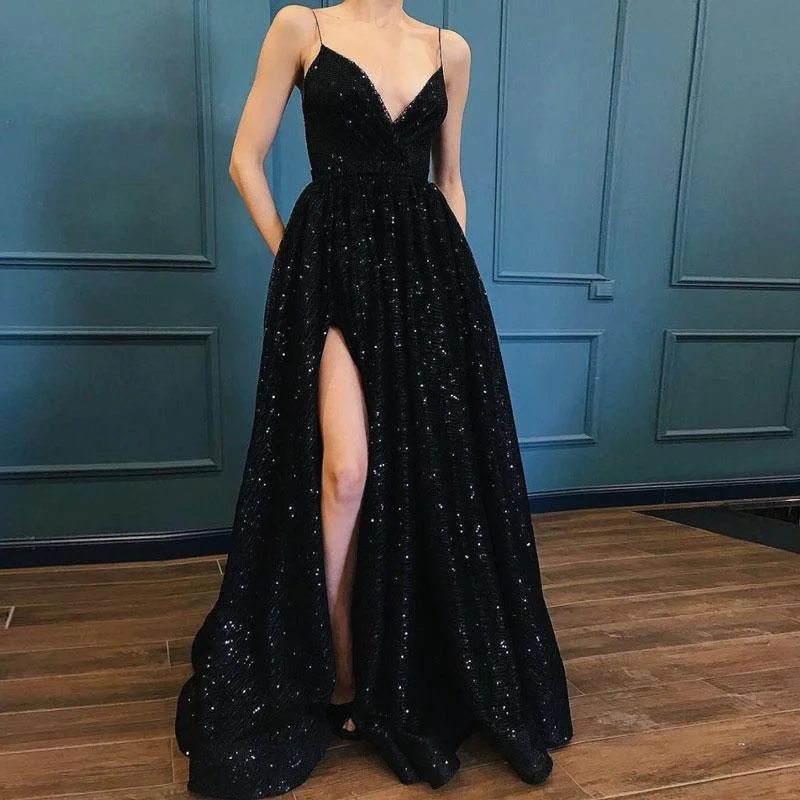 Maxi Dresses Decorated with Feathers for a Dazzling LookFashionSierra - Black V-neck Prom party evening dresses