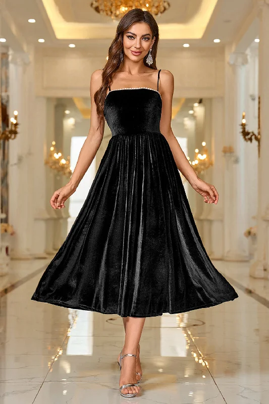 "Exclusive Discount: 30% Off All Women's Dresses for a Limited Period"Black Velvet A Line Spaghetti Straps Tea Length Prom Dress "Exclusive Discount: 30% Off All Women's Dresses for a Limited Period"Black Velvet A Line Spaghetti Straps Tea Length Prom Dress