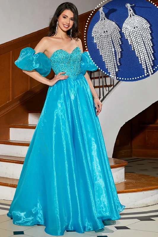 "Long sleeve dresses for women in cold weather"Blue A-Line Off The Shoulder Corset Beaded Prom Dress with Accessory "Long sleeve dresses for women in cold weather"Blue A-Line Off The Shoulder Corset Beaded Prom Dress with Accessory