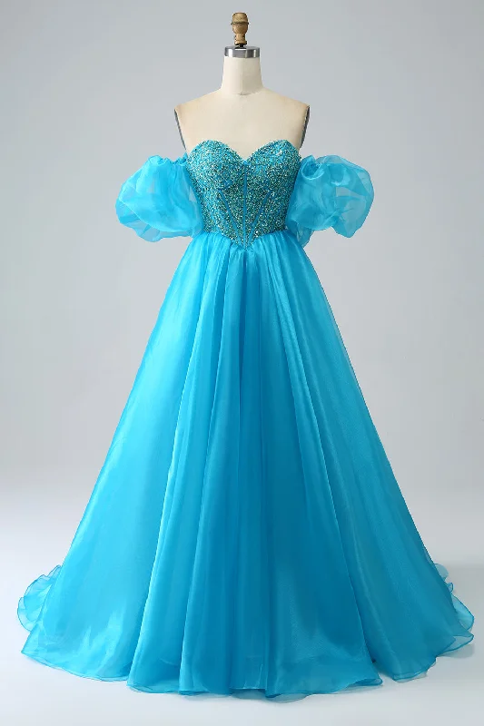 "Wrap dresses for women for an adjustable fit"Blue Beaded Corset Prom Dress with Detachable Sleeves "Wrap dresses for women for an adjustable fit"Blue Beaded Corset Prom Dress with Detachable Sleeves