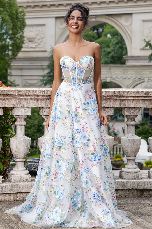 "Smart casual dresses for women for work - to - weekend transitions"White Blue Flower A Line Sweetheart Corset Long Prom Dress with Slit "Smart casual dresses for women for work - to - weekend transitions"White Blue Flower A Line Sweetheart Corset Long Prom Dress with Slit
