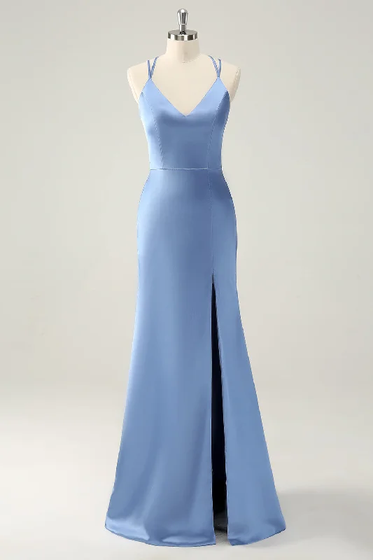 "Buy One, Get One 50% Off on Women's Dresses - Don't Miss Out!"Blue Mermaid Spaghetti Straps Satin Bridesmaid Dress with Slit "Buy One, Get One 50% Off on Women's Dresses - Don't Miss Out!"Blue Mermaid Spaghetti Straps Satin Bridesmaid Dress with Slit