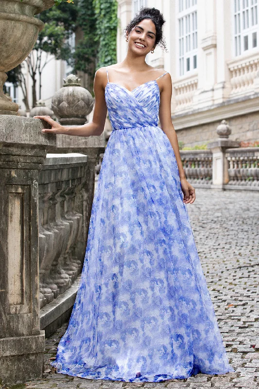 "Mother of the groom dresses for women in sophisticated designs"Blue Print A Line Spaghetti Straps Pleated Long Bridesmaid Dress with Lace Up Back "Mother of the groom dresses for women in sophisticated designs"Blue Print A Line Spaghetti Straps Pleated Long Bridesmaid Dress with Lace Up Back