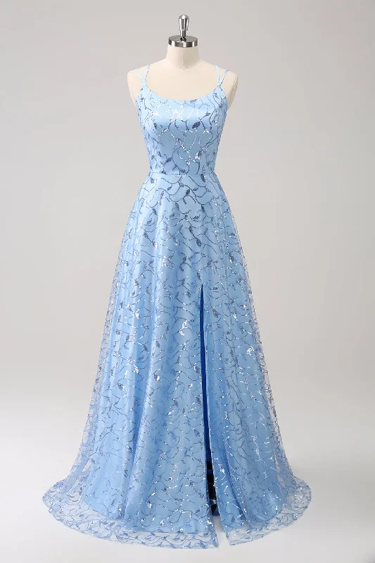 "Chiffon dresses for women with a flowy and light feel"Sparkly Blue Spaghetti Straps Sequins Lace Up Back Prom Dress with Slit "Chiffon dresses for women with a flowy and light feel"Sparkly Blue Spaghetti Straps Sequins Lace Up Back Prom Dress with Slit