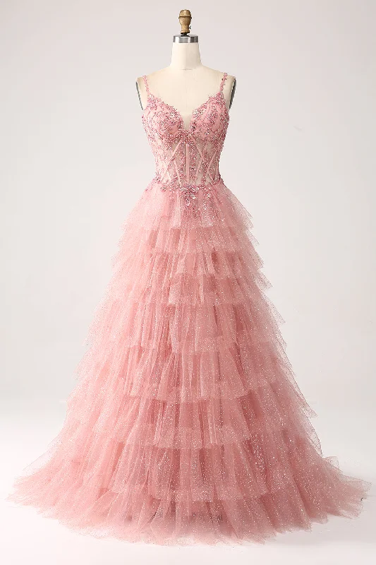 "Shirt dresses for women for a smart - casual style"Blush A-Line Spaghetti Straps Tiered Tulle Corset Long Prom Dress "Shirt dresses for women for a smart - casual style"Blush A-Line Spaghetti Straps Tiered Tulle Corset Long Prom Dress