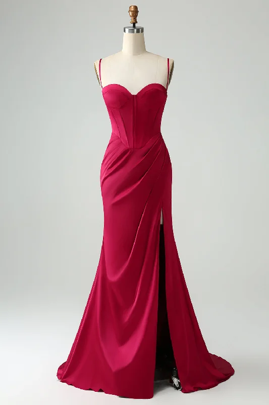 "Sustainable and eco - friendly women's dresses"Burgundy Mermaid Spaghetti Straps Long Corset Prom Dress with Slit "Sustainable and eco - friendly women's dresses"Burgundy Mermaid Spaghetti Straps Long Corset Prom Dress with Slit