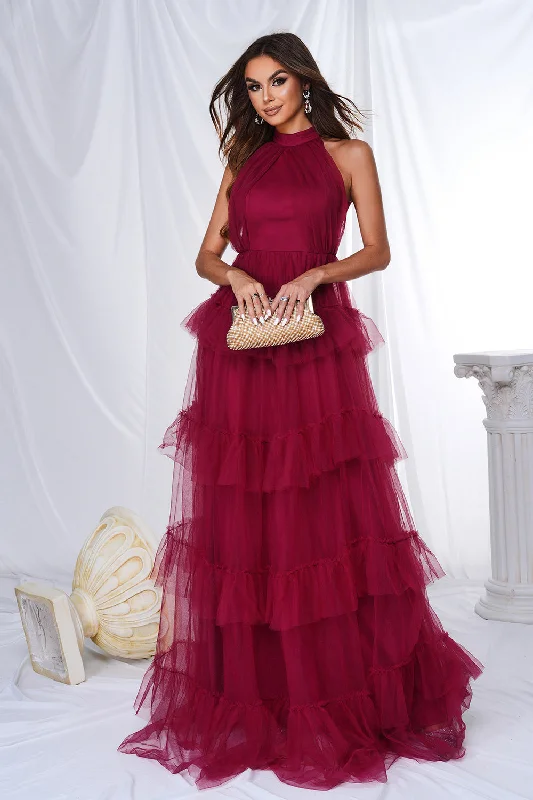 "Plus size wedding dresses for women with a perfect fit"Burgundy Halter Tiered Tulle A Line Long Prom Dress "Plus size wedding dresses for women with a perfect fit"Burgundy Halter Tiered Tulle A Line Long Prom Dress