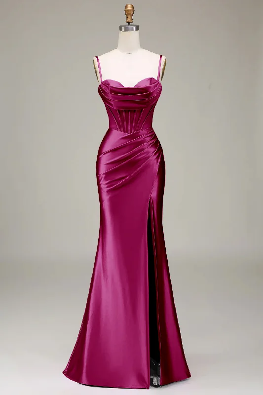"Trendy casual dresses for women to wear at the beach"Burgundy Satin Spaghetti Straps Prom Dress with Corset "Trendy casual dresses for women to wear at the beach"Burgundy Satin Spaghetti Straps Prom Dress with Corset