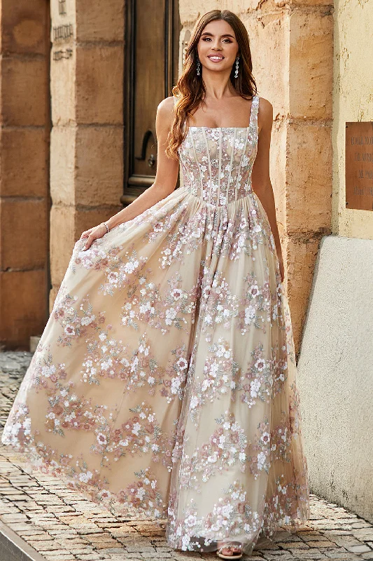 "Sleeveless dresses for women during hot summer days"Charming A Line Square Neck Champagne Corset Prom Dress with Appliques "Sleeveless dresses for women during hot summer days"Charming A Line Square Neck Champagne Corset Prom Dress with Appliques