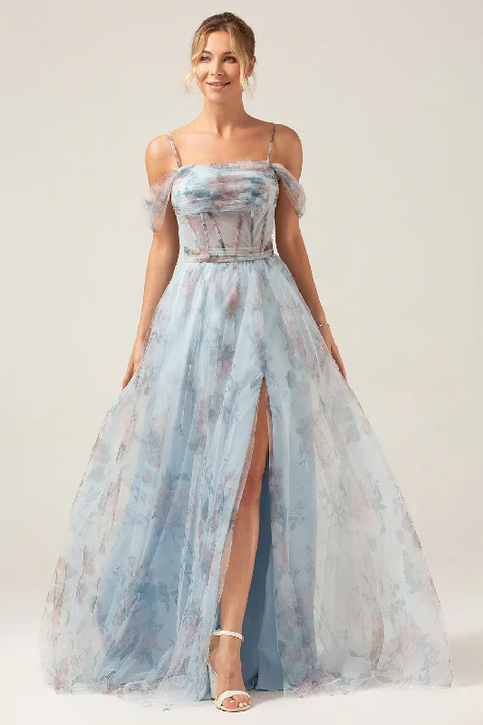 "Flash Sale: Grab Your Favorite Women's Dresses at Unbeatable Prices!"Cold Shoulder A-Line Blue Printed Long Corset Prom Dress with Slit "Flash Sale: Grab Your Favorite Women's Dresses at Unbeatable Prices!"Cold Shoulder A-Line Blue Printed Long Corset Prom Dress with Slit