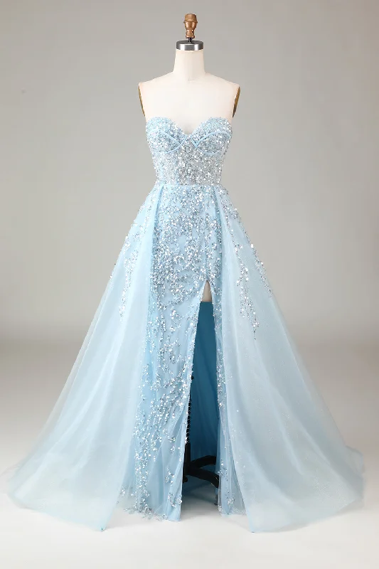 "White dresses for women for a fresh and clean look"Corset Blue Strapless A Line Prom Dress with Slit "White dresses for women for a fresh and clean look"Corset Blue Strapless A Line Prom Dress with Slit