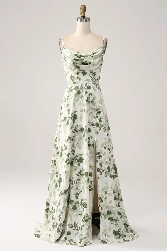 "Off - shoulder dresses for women to show off collarbones"Cowl Neck Green Floral A Line Prom Dress with Slit