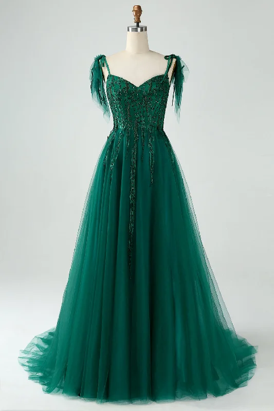 "Satin dresses for women for a luxurious appearance"Dark Green A-Line Spaghetti Straps Tulle Long Prom Dress with Beading "Satin dresses for women for a luxurious appearance"Dark Green A-Line Spaghetti Straps Tulle Long Prom Dress with Beading