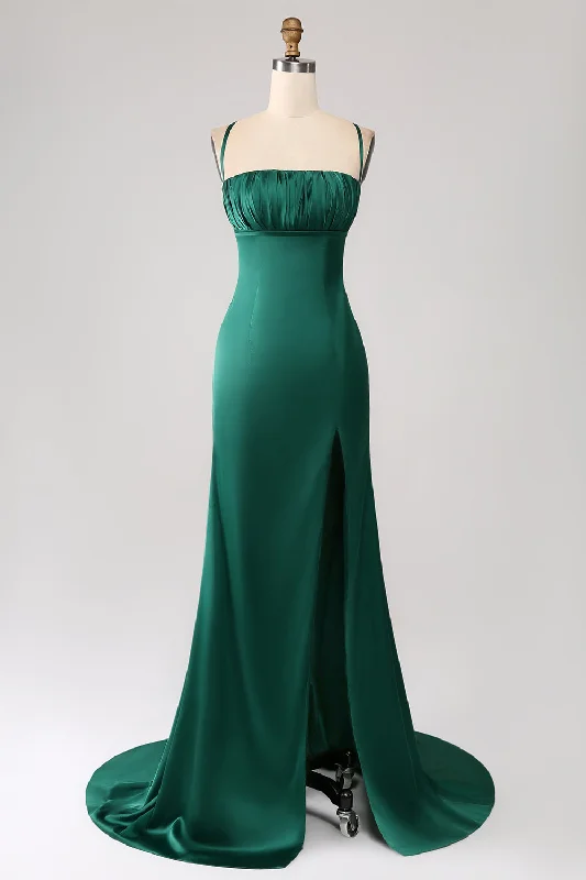 "Trendy casual dresses for women to wear at the beach"Dark Green Mermaid Spaghetti Straps Satin Prom Dress with Pleated "Trendy casual dresses for women to wear at the beach"Dark Green Mermaid Spaghetti Straps Satin Prom Dress with Pleated