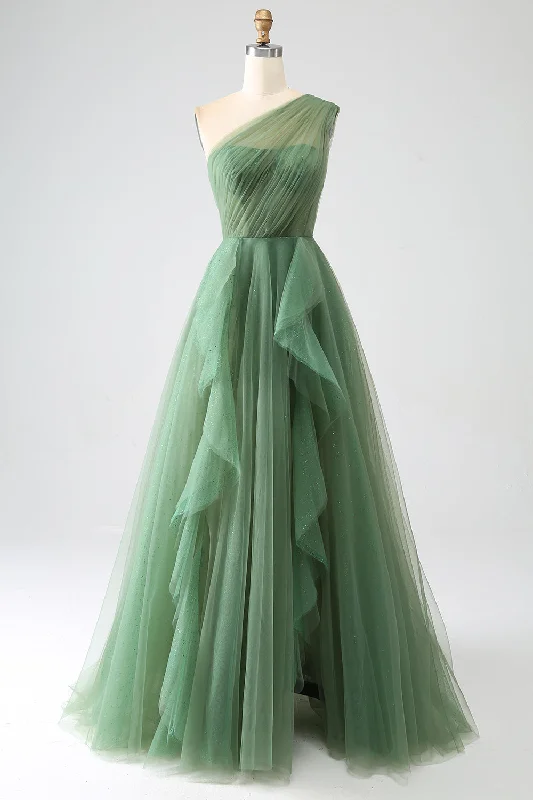 Clearance Sale: Women's Dresses Dark Green Tulle A-Line One-Shoulder Long Prom Dress Clearance Sale: Women's Dresses Dark Green Tulle A-Line One-Shoulder Long Prom Dress