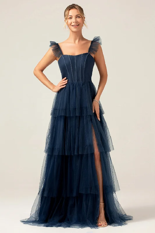 "Seasonal Sale: Save Big on Women's Dresses for Every Occasion"Detachable Straps A Line Navy Tiered Long Bridesmaid Dress