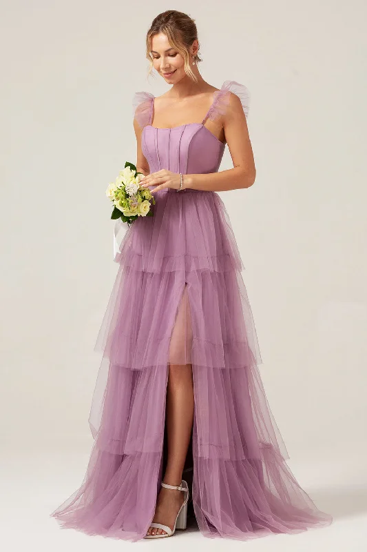 "Off - shoulder dresses for women to show off collarbones"Detachable Straps A Line Purple Tiered Long Bridesmaid Dress "Off - shoulder dresses for women to show off collarbones"Detachable Straps A Line Purple Tiered Long Bridesmaid Dress