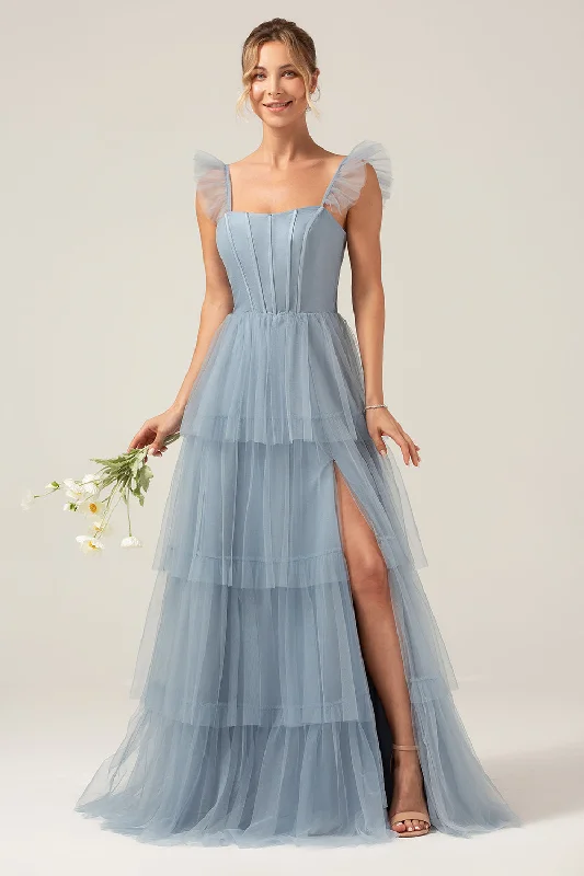 "New Arrivals Discount: 20% Off on Latest Women's Dress Collections"Detachable Straps A Line Tiered Long Dusty Blue Bridesmaid Dress "New Arrivals Discount: 20% Off on Latest Women's Dress Collections"Detachable Straps A Line Tiered Long Dusty Blue Bridesmaid Dress