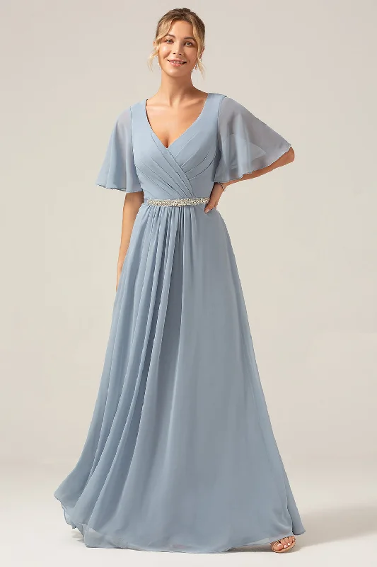 "Black tie dresses for women for formal galas"Dusty Blue A-Line V Neck Short Sleeves Chiffon Bridesmaid Dress "Black tie dresses for women for formal galas"Dusty Blue A-Line V Neck Short Sleeves Chiffon Bridesmaid Dress