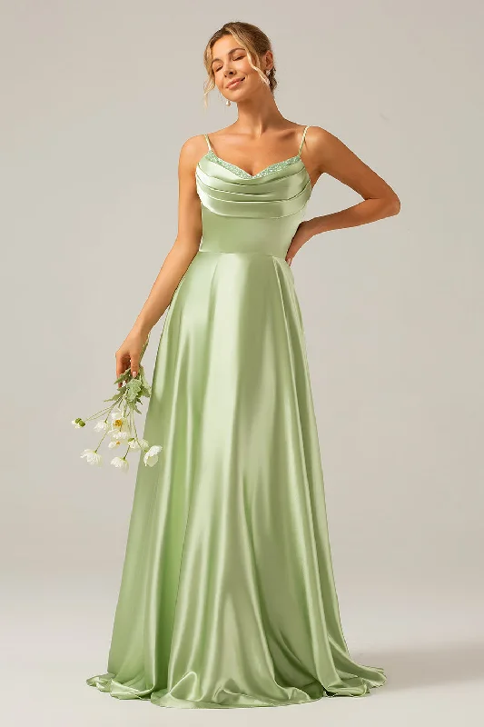 "Boho wedding dresses for women for a free - spirited vibe"Dusty Sage A Line Cowl Neck Satin Long Bridesmaid Dress with Pleated "Boho wedding dresses for women for a free - spirited vibe"Dusty Sage A Line Cowl Neck Satin Long Bridesmaid Dress with Pleated