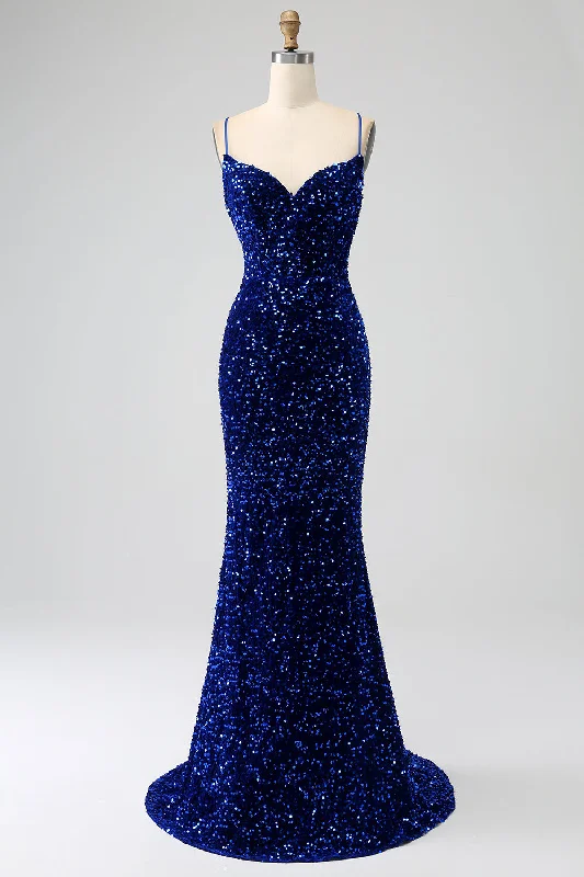 "Mini dresses for women for a youthful and trendy look"Elegant Royal Blue Mermaid Spaghetti Straps Velvet Sequin Long Prom Dress "Mini dresses for women for a youthful and trendy look"Elegant Royal Blue Mermaid Spaghetti Straps Velvet Sequin Long Prom Dress