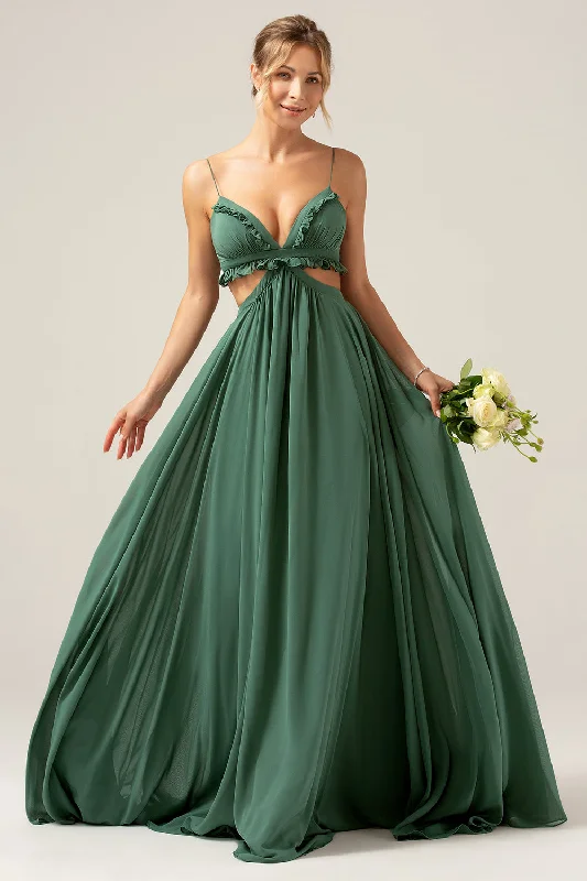 "Petite women's dresses with flattering fits"Eucalyptus Spaghetti Straps Hollow-out Long Bridesmaid Dress with Ruffles "Petite women's dresses with flattering fits"Eucalyptus Spaghetti Straps Hollow-out Long Bridesmaid Dress with Ruffles